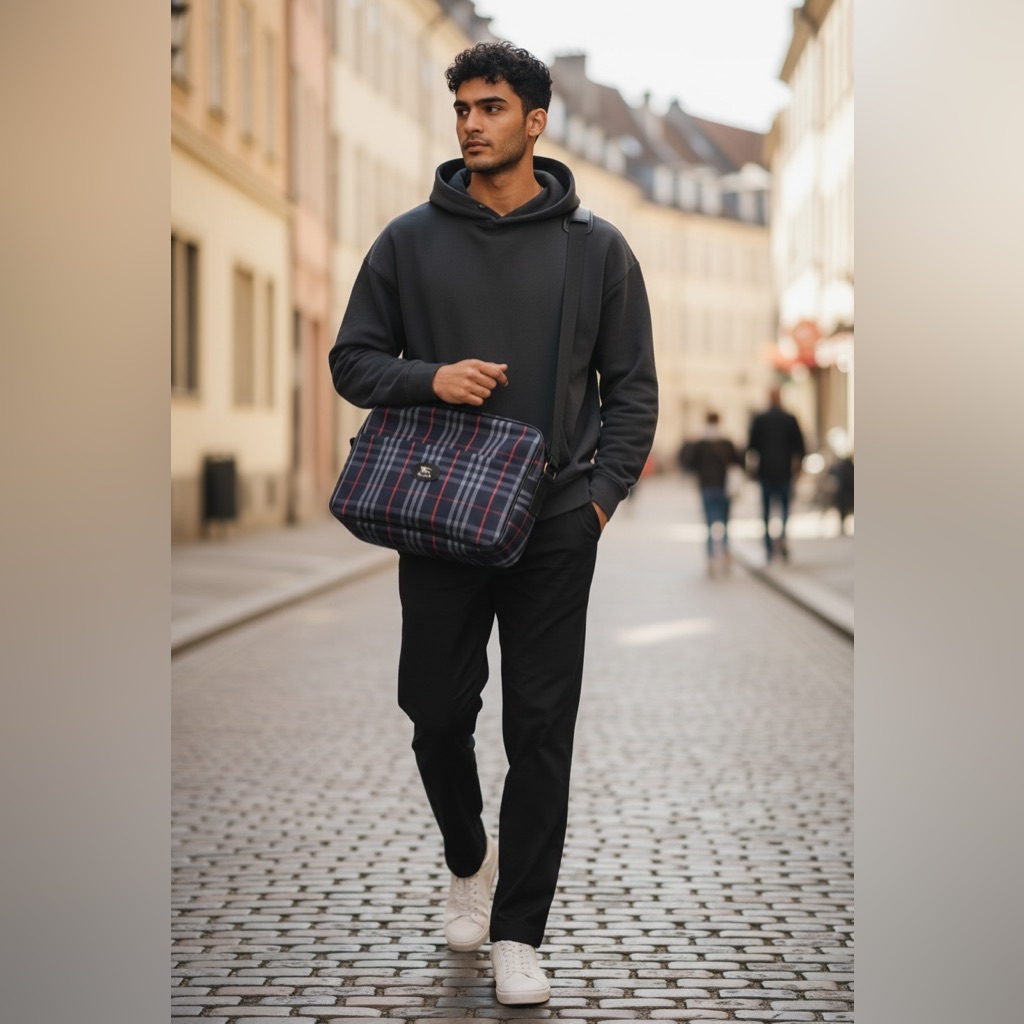Burberry Men's Blue And Red Plaid Messenger Bag